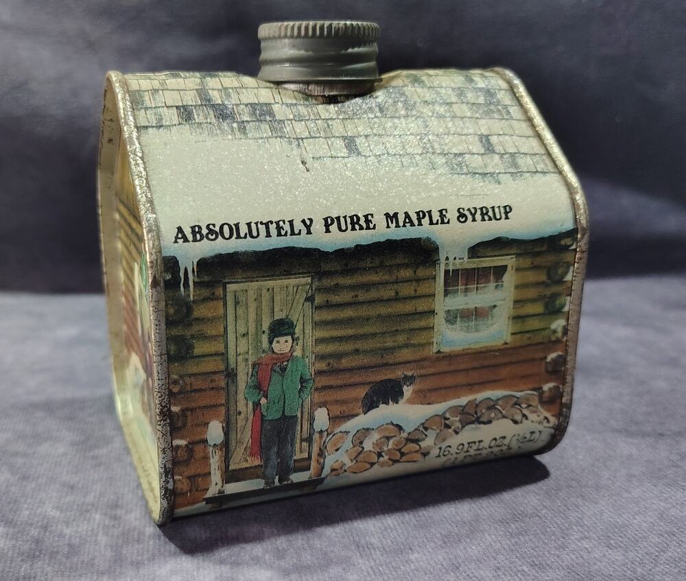 Vintage ABSOLUTELY PURE MAPLE SYRUP 1984 Metal Tin Can Container 16.9 Fl Oz